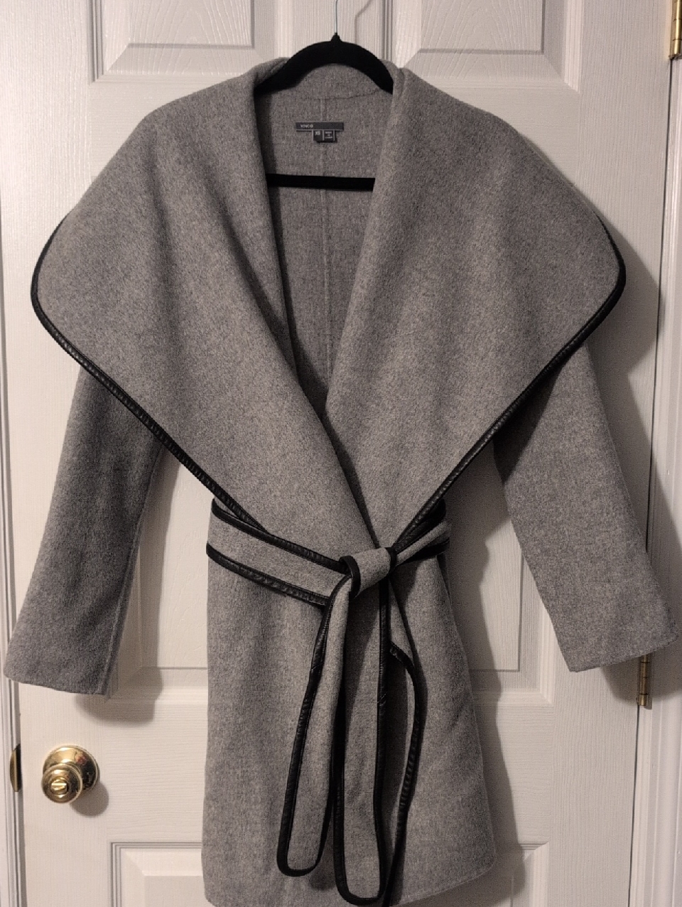 Vince Classic Grey Drape Front Wool Coat With Leather Trim